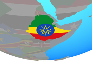 Ethiopia with national flag on simple political globe.