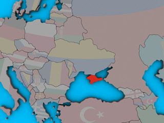 Crimea with embedded national flag on blue political 3D globe.