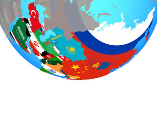 Asia with national flags on simple political globe.