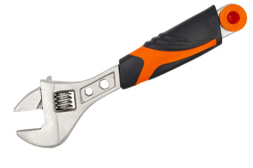 Adjustable wrench with black and orange handle isolated on white background. Closeup, top view