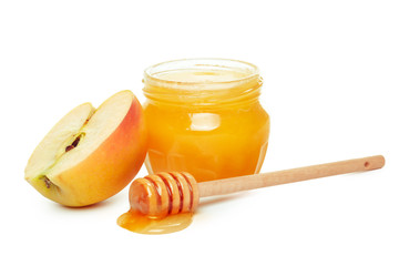 Apples and honey jar for jewish new year holiday isolated on white background