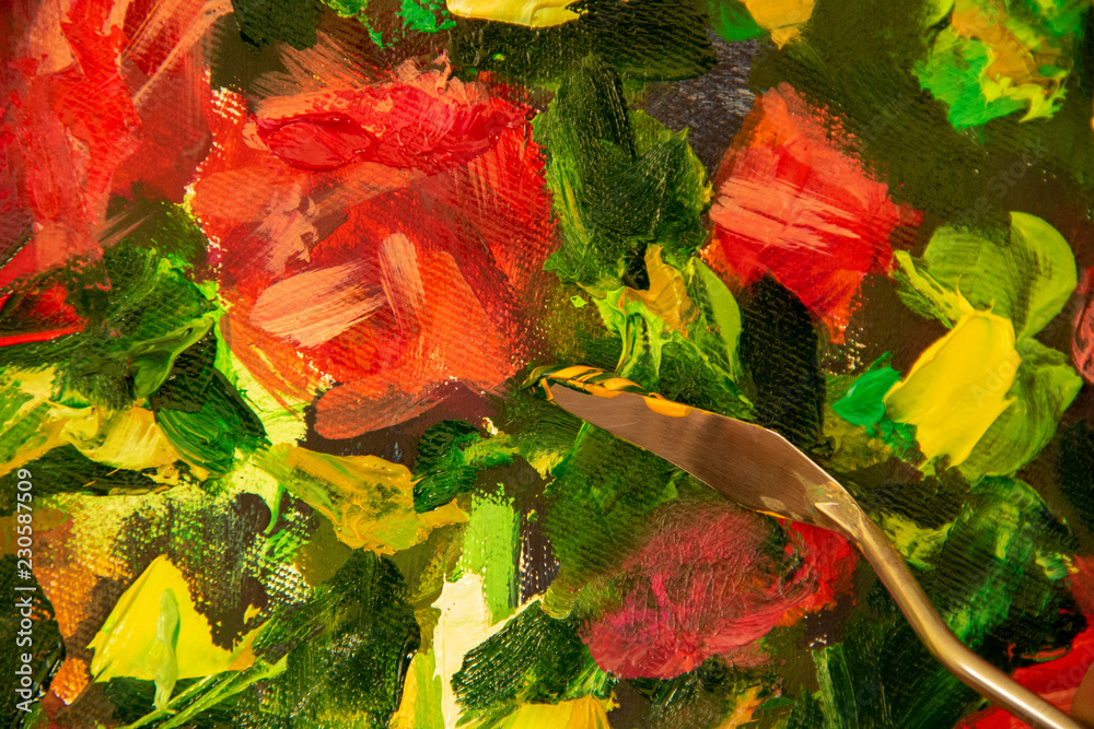 Poster close-up macro fragment of a palette knife paints a rose flower on canvas painting