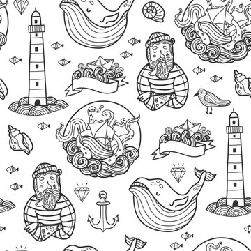 Nautical elements. Hand drawn vector seamless pattern