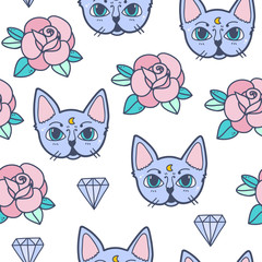 Hand drawn cats, roses and diamonds. Colored vector seamless pattern