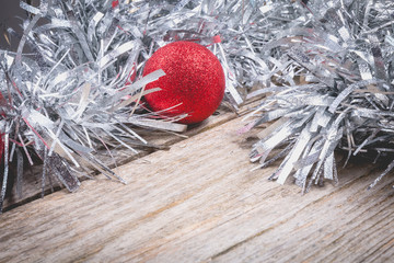 Naklejka premium happy christmas concept with grey decoration on wooden
