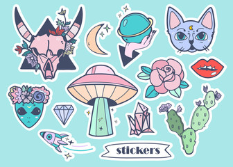 Hand drawn trendy stickers. Colored vector set. All elements are isolated