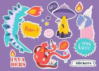 Hand drawn various monsters and space invaders. Colored vector set of trendy stickers. All elements are isolated