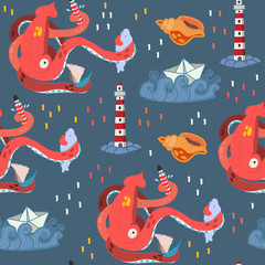 Hand drawn giant squid and nautical objects. Colored vector seamless pattern