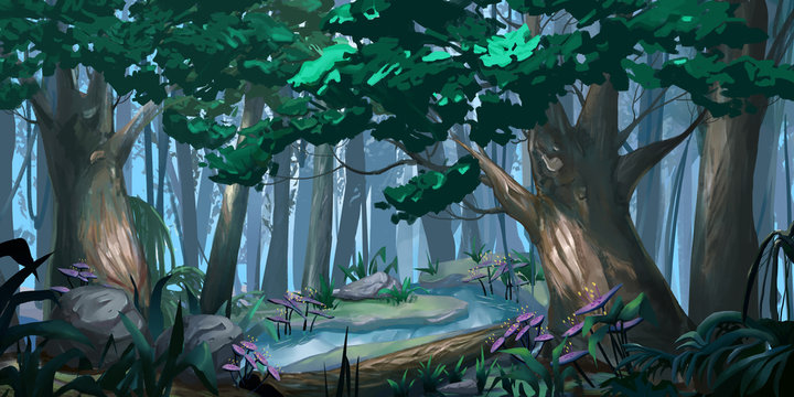 Forest. Realistic Style. Video Game Digital CG Artwork, Concept Illustration, Realistic Cartoon Style Scene Design
