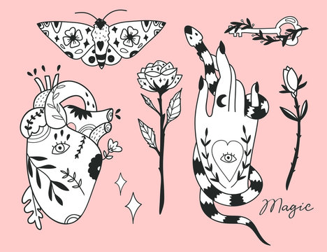 Hand drawn various magic objects. Traditional tattoo style. Graphic vector set. All elements are isolated