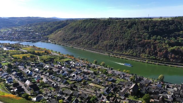 Aerial view of vineyards in autumn near Alken, Moselle River