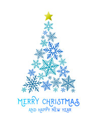 Christmas tree made of blue snowflakes with golden star on top of it. Abstract Merry Christmas and Happy New Year greeting card design.