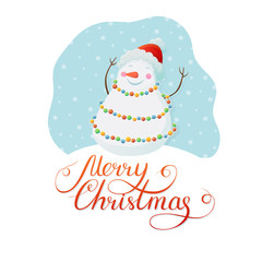 Christmas card with cute snowman and inscription merry christmas