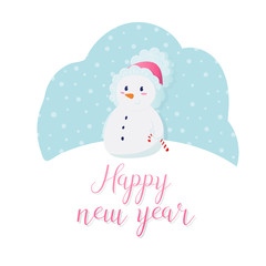 Fototapeta na wymiar Christmas card with cute snowman and inscription happy new year