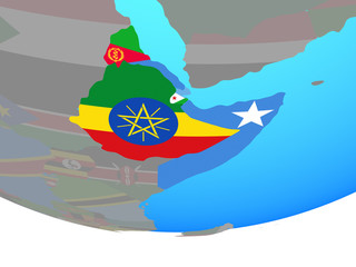 Horn of Africa with national flags on simple political globe.