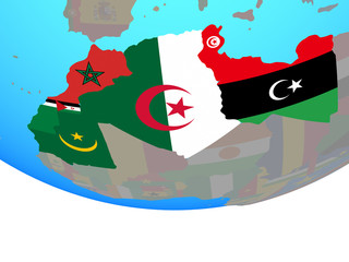 Maghreb region with national flags on simple political globe.