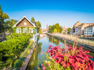 Picturesque canals in La Petite France in the medieval fairytale old town of Strasbourg, UNESCO World Heritage Site, Alsace, France.
