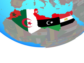 North Africa with national flags on simple political globe.
