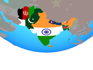 SAARC memeber states with national flags on simple political globe.