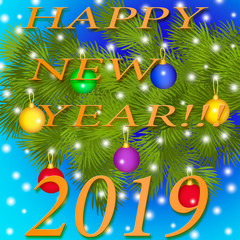 Happy New year card. Illustration of spruce branches with Christmas toys on the background