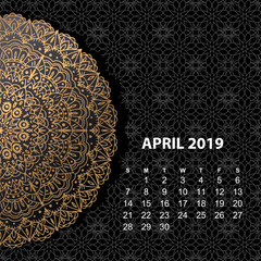 Calendar for 2019 year. Vintage decorative mandala elements in gold color. Week starts on sunday.