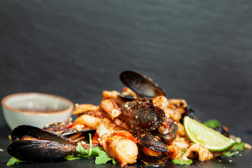 Fine cuisine seafood in restaurant. Delicious food