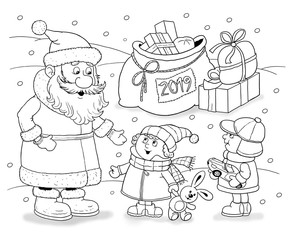 Christmas. New Year. Year of Pig. Greeting card. Coloring page.  Cute and funny cartoon characters