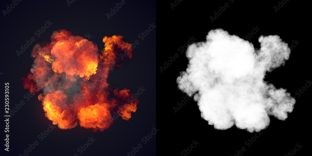 Poster Large explosion with black smoke in dark plus alpha channel. Top view. 3d rendering
