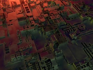 Abstract metallic pattern. Futuristic techno background illuminated by colored lights. Digital 3d illustration