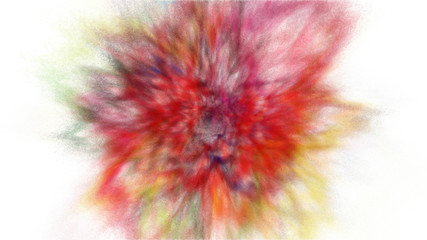 Freeze motion explosion of prismatic rainbow multicolored powder and paint for Holi. Abstract isolated colorful 3D illustration particle splash on white. Bright background