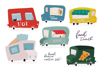 Hand drawn food trucks. Colored vector set