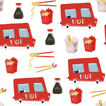 Wok Noodles, Soy Sauce And Red Food Truck. Hand Drawn Vector Seamless Pattern