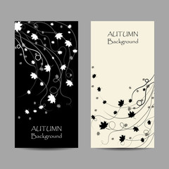 Set of vertical banners. Autumn maple leaves on white and black backgrounds. Vector illustration