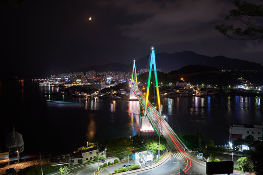 Night View At Dolsan Bridge, Yeosu, In Korea                               