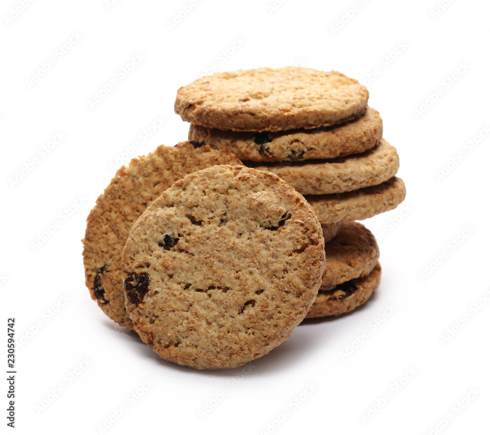 Wall mural round wholewheat biscuits, cookies with raisins isolated on white background