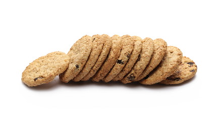 Round wholewheat biscuits, cookies with raisins isolated on white background
