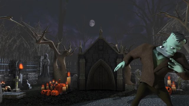 Seamless animation of Frankenstein monster dancing salsa in a graveyard. Funny Halloween 4K background.