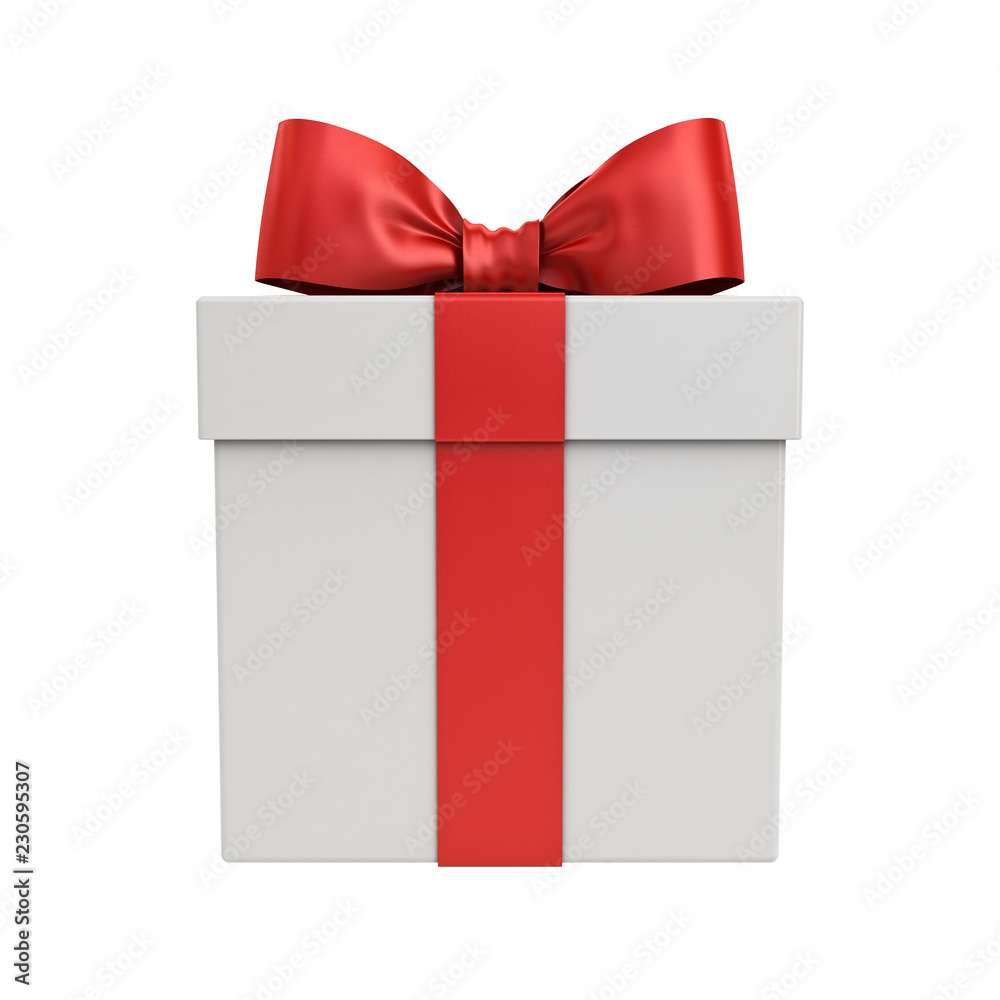 Wall mural Gift box or Present box with red ribbon and bow isolated on white background 3D rendering