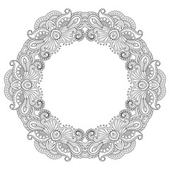 Circular pattern in form of mandala with flower for Henna, Mehndi, tattoo, decoration. Decorative ornament in ethnic oriental style. Coloring book page.