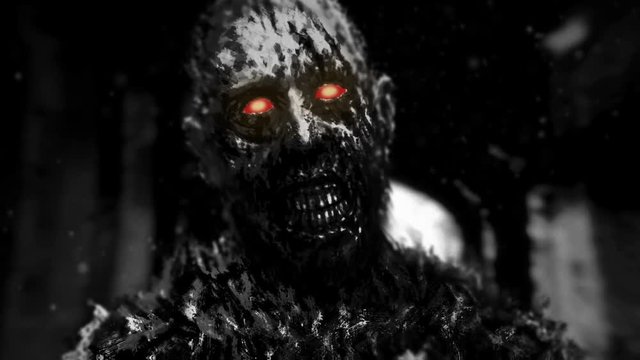 Black zombie with glowing red eyes walking in hallway of abandoned house. Video in genre of horror. Scary monster character animation.