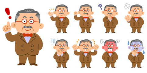 蝶ネクタイとスーツを身に着けた富裕層の男性　9種類のポーズと表情のセット

