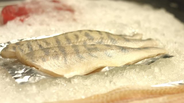 Zander fillet. Seafood.
Fresh zander fillet is laid out on ice.
Horizontal (from right to left) slow pan.
Seafood for customers in shop.
