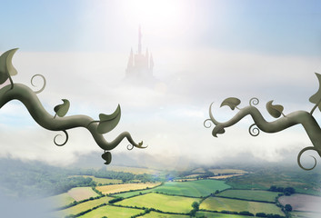beanstalks in clouds leading to giant castle above countryside