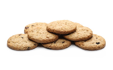 Round wholewheat biscuits, cookies with raisins isolated on white background