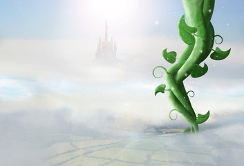 giant magic beanstalk rising through clouds with castle in background