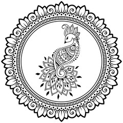 Circular pattern in form of mandala with  bird template - Peacock for Henna, Mehndi, tattoo, decoration. Decorative ornament in ethnic oriental style. Coloring book page.