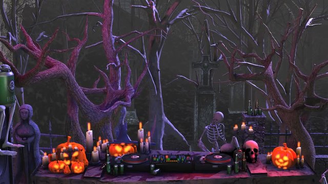 Seamless animation of a DJ booth and drunk skeletons in a cemetery at night. Funny halloween background.