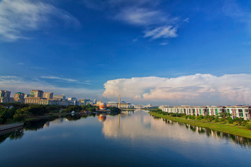 Fototapeta premium Beautifull view of Putrajaya with housing on the right and administrative office on the left side of the lake