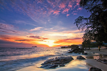 Beautiful view of a beach in Sungai Batu Penang during sunset - obrazy, fototapety, plakaty