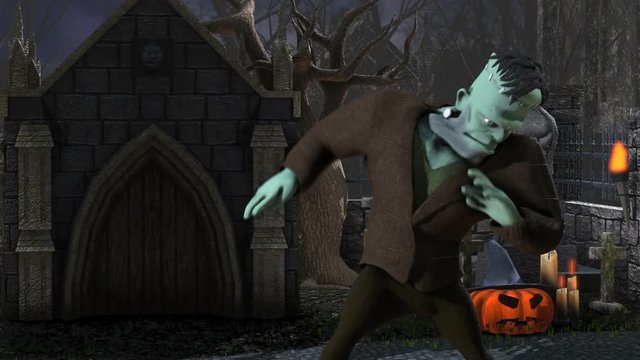 Seamless animation of Frankenstein monster dancing salsa in a graveyard. Funny Halloween 4K background.